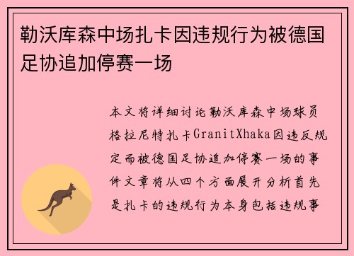 勒沃库森中场扎卡因违规行为被德国足协追加停赛一场