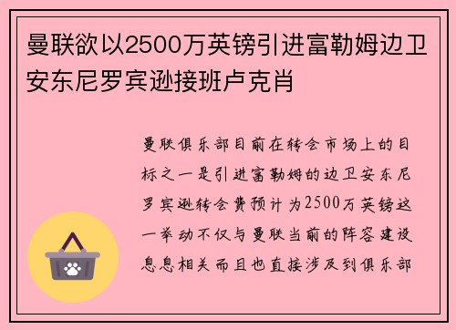 曼联欲以2500万英镑引进富勒姆边卫安东尼罗宾逊接班卢克肖
