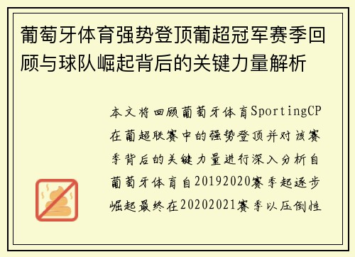 葡萄牙体育强势登顶葡超冠军赛季回顾与球队崛起背后的关键力量解析